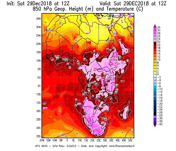 Mappa di analisi GFS - Geopotenziale [m] e Temperatura [°C] a 850 hPa in Africa
									del 29/12/2018 12 <!--googleoff: index-->UTC<!--googleon: index-->