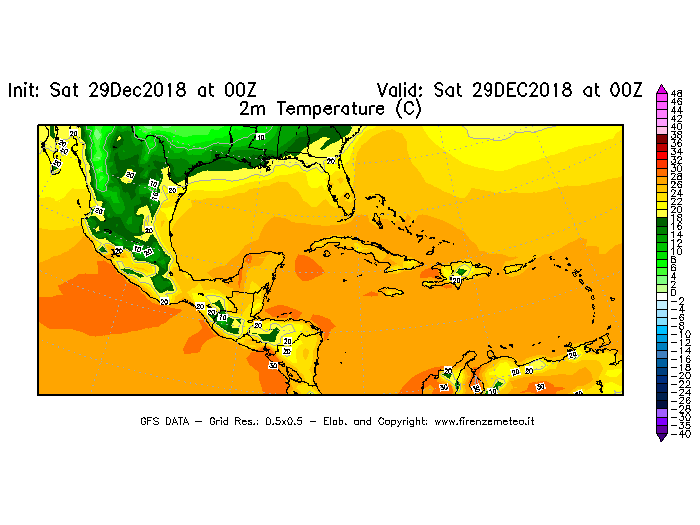 Mappa di analisi GFS - Temperatura a 2 metri dal suolo [°C] in Centro-America
									del 29/12/2018 00 <!--googleoff: index-->UTC<!--googleon: index-->