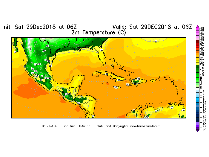 Mappa di analisi GFS - Temperatura a 2 metri dal suolo [°C] in Centro-America
									del 29/12/2018 06 <!--googleoff: index-->UTC<!--googleon: index-->
