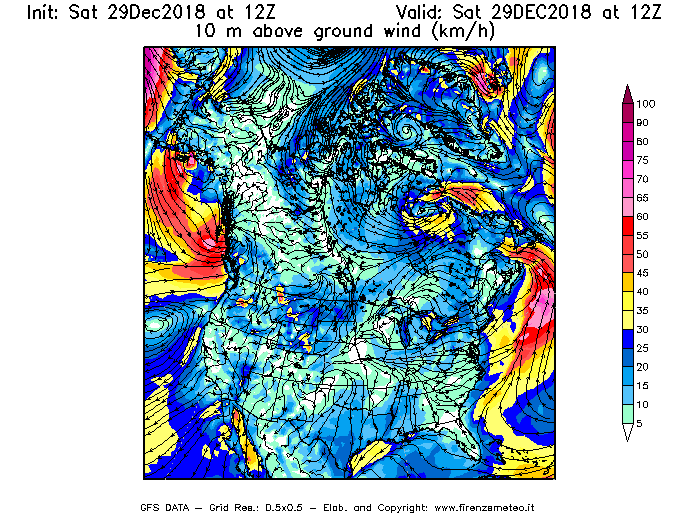 Mappa di analisi GFS - Velocità del vento a 10 metri dal suolo [km/h] in Nord-America
									del 29/12/2018 12 <!--googleoff: index-->UTC<!--googleon: index-->