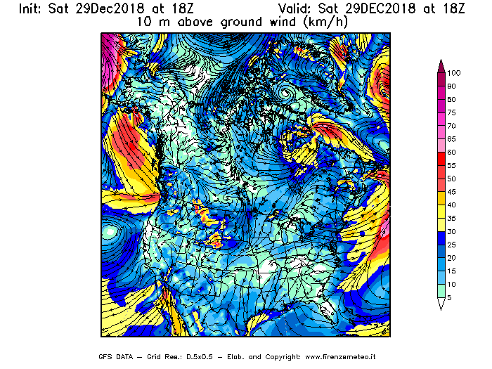 Mappa di analisi GFS - Velocità del vento a 10 metri dal suolo [km/h] in Nord-America
									del 29/12/2018 18 <!--googleoff: index-->UTC<!--googleon: index-->