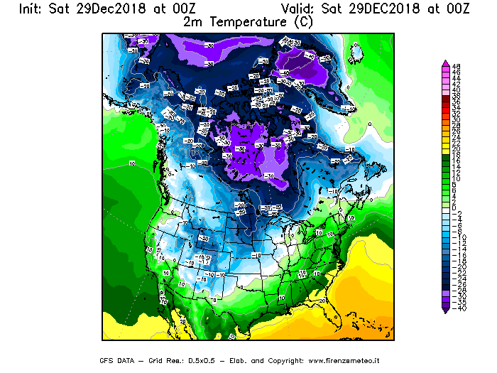 Mappa di analisi GFS - Temperatura a 2 metri dal suolo [°C] in Nord-America
									del 29/12/2018 00 <!--googleoff: index-->UTC<!--googleon: index-->