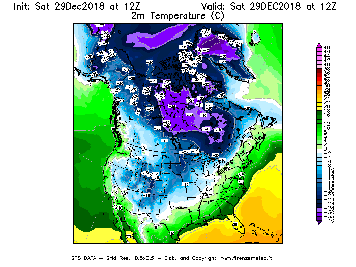 Mappa di analisi GFS - Temperatura a 2 metri dal suolo [°C] in Nord-America
									del 29/12/2018 12 <!--googleoff: index-->UTC<!--googleon: index-->