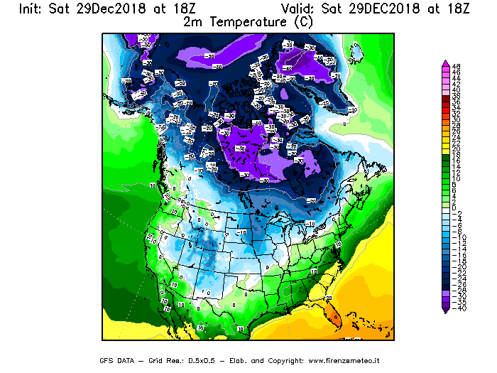 Mappa di analisi GFS - Temperatura a 2 metri dal suolo [°C] in Nord-America
									del 29/12/2018 18 <!--googleoff: index-->UTC<!--googleon: index-->