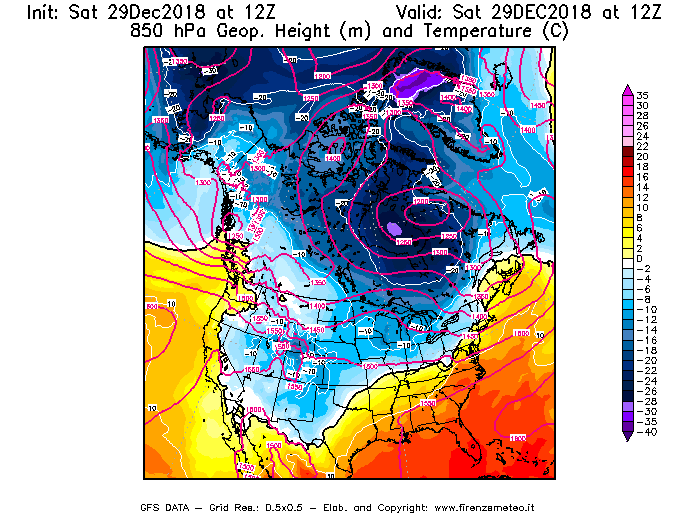 Mappa di analisi GFS - Geopotenziale [m] e Temperatura [°C] a 850 hPa in Nord-America
									del 29/12/2018 12 <!--googleoff: index-->UTC<!--googleon: index-->