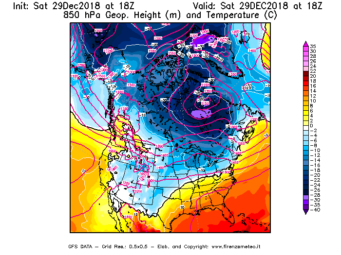 Mappa di analisi GFS - Geopotenziale [m] e Temperatura [°C] a 850 hPa in Nord-America
									del 29/12/2018 18 <!--googleoff: index-->UTC<!--googleon: index-->