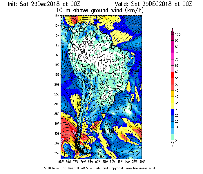 Mappa di analisi GFS - Velocità del vento a 10 metri dal suolo [km/h] in Sud-America
									del 29/12/2018 00 <!--googleoff: index-->UTC<!--googleon: index-->