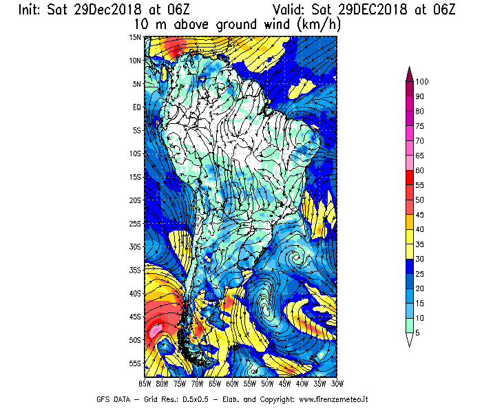 Mappa di analisi GFS - Velocità del vento a 10 metri dal suolo [km/h] in Sud-America
									del 29/12/2018 06 <!--googleoff: index-->UTC<!--googleon: index-->