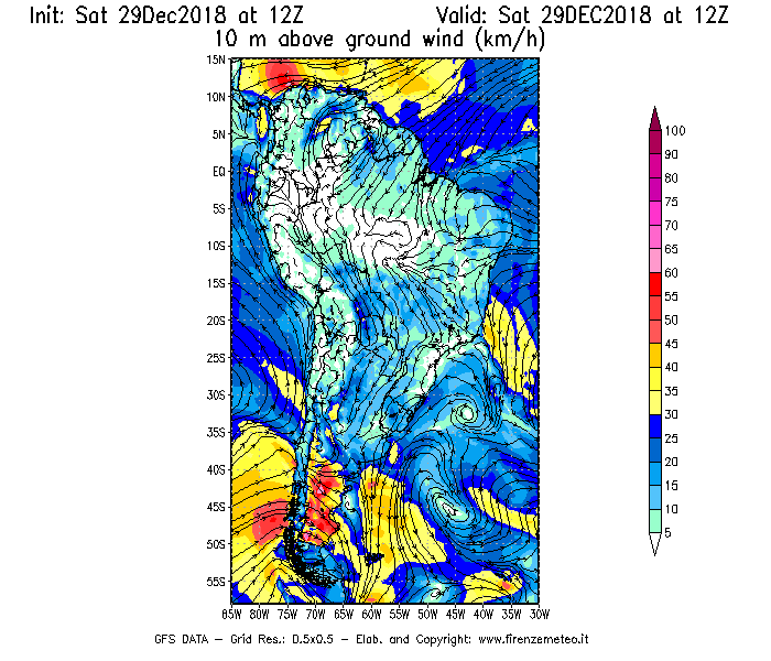 Mappa di analisi GFS - Velocità del vento a 10 metri dal suolo [km/h] in Sud-America
									del 29/12/2018 12 <!--googleoff: index-->UTC<!--googleon: index-->