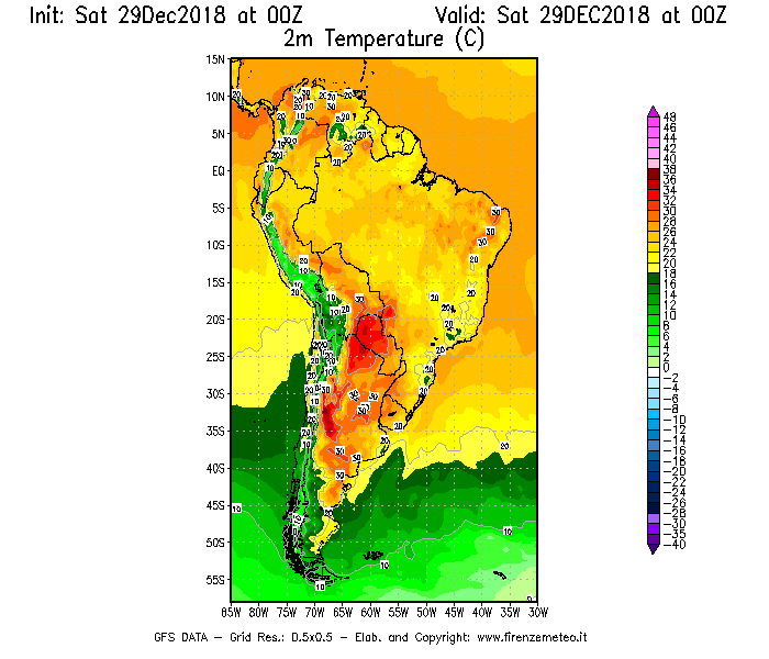 Mappa di analisi GFS - Temperatura a 2 metri dal suolo [°C] in Sud-America
									del 29/12/2018 00 <!--googleoff: index-->UTC<!--googleon: index-->