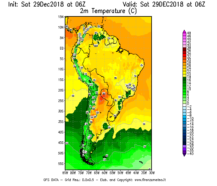 Mappa di analisi GFS - Temperatura a 2 metri dal suolo [°C] in Sud-America
									del 29/12/2018 06 <!--googleoff: index-->UTC<!--googleon: index-->