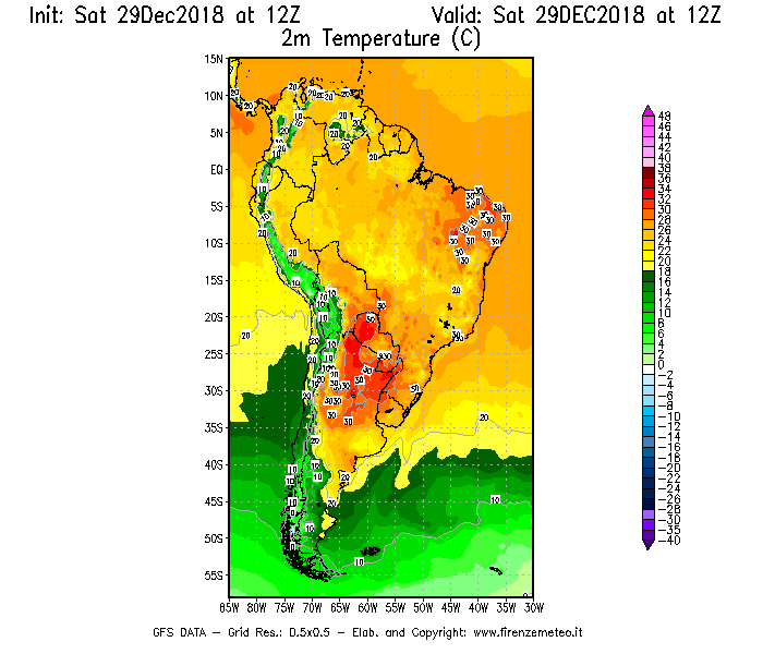 Mappa di analisi GFS - Temperatura a 2 metri dal suolo [°C] in Sud-America
									del 29/12/2018 12 <!--googleoff: index-->UTC<!--googleon: index-->