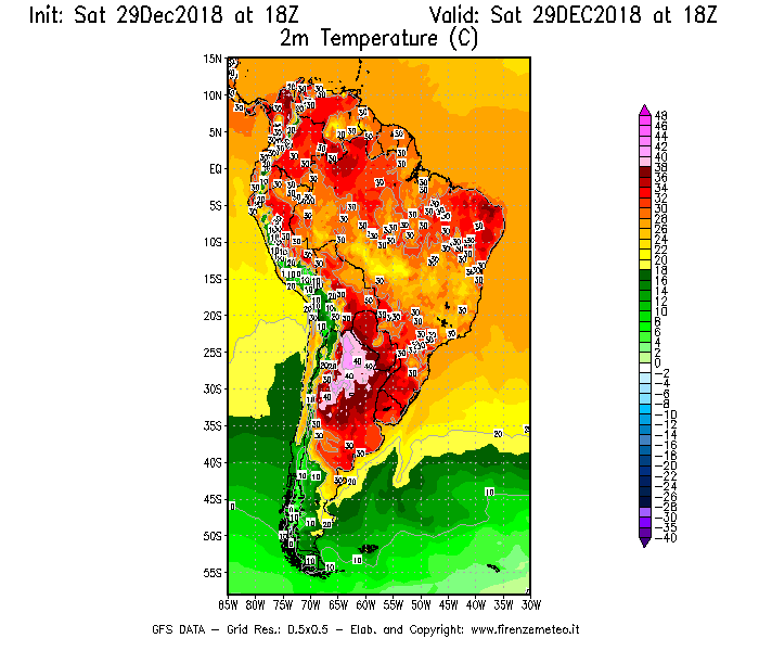 Mappa di analisi GFS - Temperatura a 2 metri dal suolo [°C] in Sud-America
									del 29/12/2018 18 <!--googleoff: index-->UTC<!--googleon: index-->