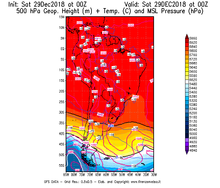 Mappa di analisi GFS - Geopotenziale [m] + Temp. [°C] a 500 hPa + Press. a livello del mare [hPa] in Sud-America
									del 29/12/2018 00 <!--googleoff: index-->UTC<!--googleon: index-->