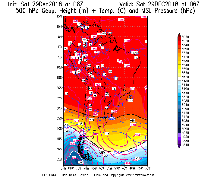 Mappa di analisi GFS - Geopotenziale [m] + Temp. [°C] a 500 hPa + Press. a livello del mare [hPa] in Sud-America
									del 29/12/2018 06 <!--googleoff: index-->UTC<!--googleon: index-->