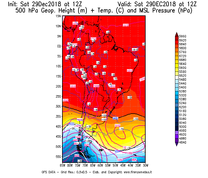 Mappa di analisi GFS - Geopotenziale [m] + Temp. [°C] a 500 hPa + Press. a livello del mare [hPa] in Sud-America
									del 29/12/2018 12 <!--googleoff: index-->UTC<!--googleon: index-->