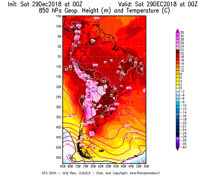 Mappa di analisi GFS - Geopotenziale [m] e Temperatura [°C] a 850 hPa in Sud-America
									del 29/12/2018 00 <!--googleoff: index-->UTC<!--googleon: index-->