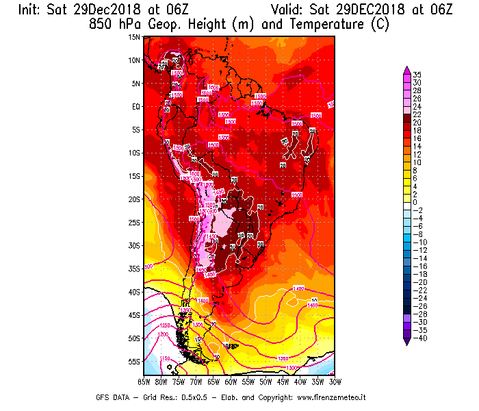 Mappa di analisi GFS - Geopotenziale [m] e Temperatura [°C] a 850 hPa in Sud-America
									del 29/12/2018 06 <!--googleoff: index-->UTC<!--googleon: index-->