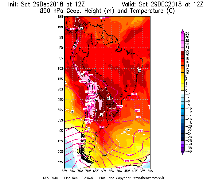 Mappa di analisi GFS - Geopotenziale [m] e Temperatura [°C] a 850 hPa in Sud-America
									del 29/12/2018 12 <!--googleoff: index-->UTC<!--googleon: index-->