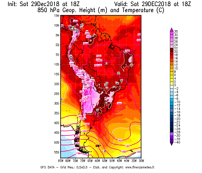 Mappa di analisi GFS - Geopotenziale [m] e Temperatura [°C] a 850 hPa in Sud-America
									del 29/12/2018 18 <!--googleoff: index-->UTC<!--googleon: index-->