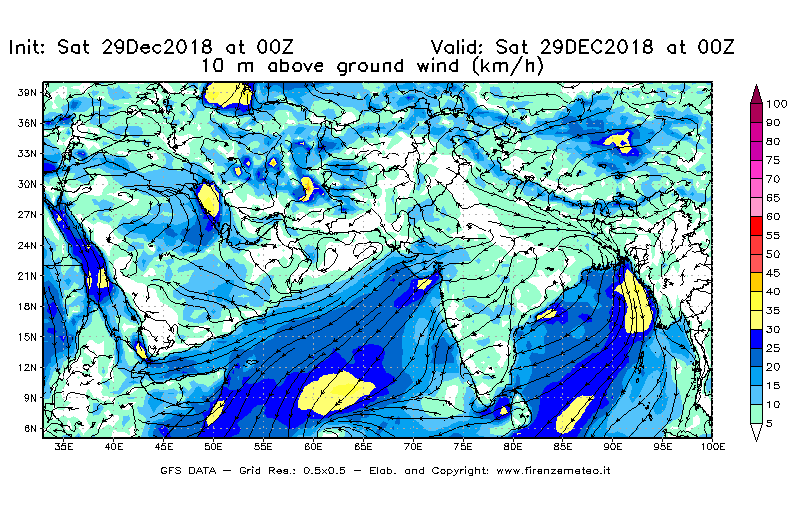 Mappa di analisi GFS - Velocità del vento a 10 metri dal suolo [km/h] in Asia Sud-Occidentale
									del 29/12/2018 00 <!--googleoff: index-->UTC<!--googleon: index-->