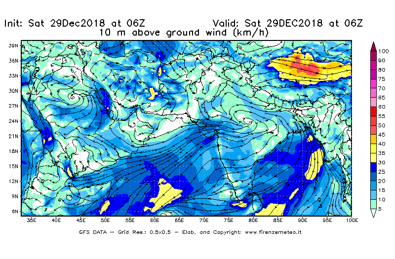 Mappa di analisi GFS - Velocità del vento a 10 metri dal suolo [km/h] in Asia Sud-Occidentale
									del 29/12/2018 06 <!--googleoff: index-->UTC<!--googleon: index-->