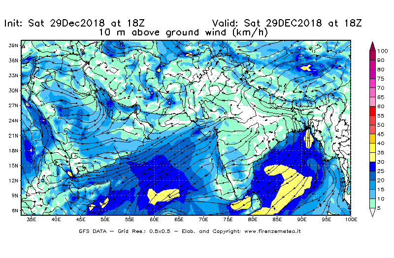 Mappa di analisi GFS - Velocità del vento a 10 metri dal suolo [km/h] in Asia Sud-Occidentale
									del 29/12/2018 18 <!--googleoff: index-->UTC<!--googleon: index-->