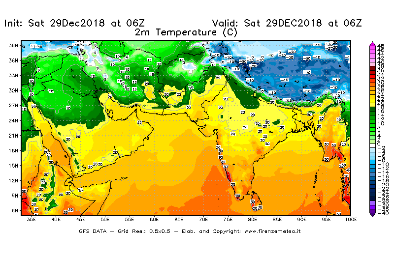 Mappa di analisi GFS - Temperatura a 2 metri dal suolo [°C] in Asia Sud-Occidentale
									del 29/12/2018 06 <!--googleoff: index-->UTC<!--googleon: index-->