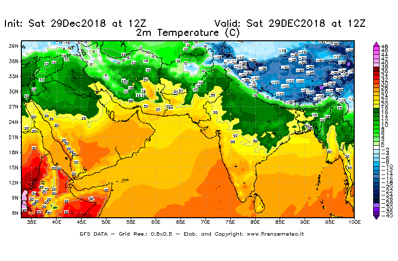 Mappa di analisi GFS - Temperatura a 2 metri dal suolo [°C] in Asia Sud-Occidentale
									del 29/12/2018 12 <!--googleoff: index-->UTC<!--googleon: index-->