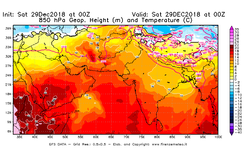 Mappa di analisi GFS - Geopotenziale [m] e Temperatura [°C] a 850 hPa in Asia Sud-Occidentale
									del 29/12/2018 00 <!--googleoff: index-->UTC<!--googleon: index-->