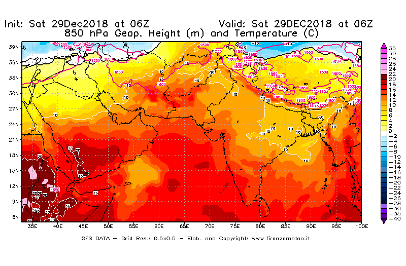 Mappa di analisi GFS - Geopotenziale [m] e Temperatura [°C] a 850 hPa in Asia Sud-Occidentale
									del 29/12/2018 06 <!--googleoff: index-->UTC<!--googleon: index-->