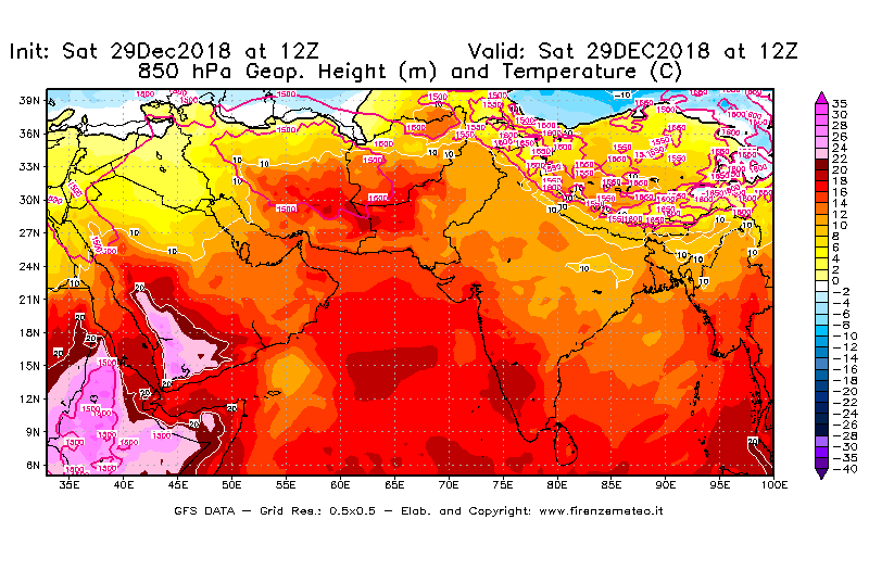 Mappa di analisi GFS - Geopotenziale [m] e Temperatura [°C] a 850 hPa in Asia Sud-Occidentale
									del 29/12/2018 12 <!--googleoff: index-->UTC<!--googleon: index-->