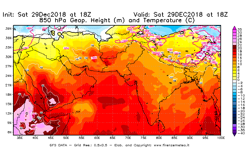 Mappa di analisi GFS - Geopotenziale [m] e Temperatura [°C] a 850 hPa in Asia Sud-Occidentale
									del 29/12/2018 18 <!--googleoff: index-->UTC<!--googleon: index-->