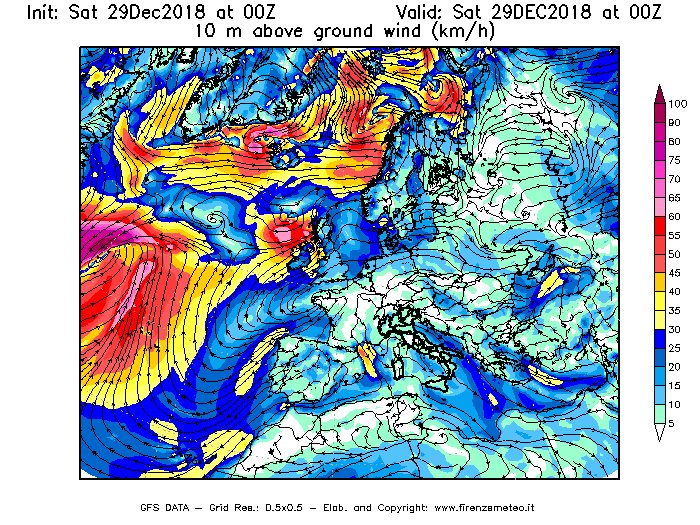 Mappa di analisi GFS - Velocità del vento a 10 metri dal suolo [km/h] in Europa
									del 29/12/2018 00 <!--googleoff: index-->UTC<!--googleon: index-->