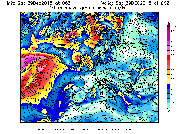 Mappa di analisi GFS - Velocità del vento a 10 metri dal suolo [km/h] in Europa
									del 29/12/2018 06 <!--googleoff: index-->UTC<!--googleon: index-->