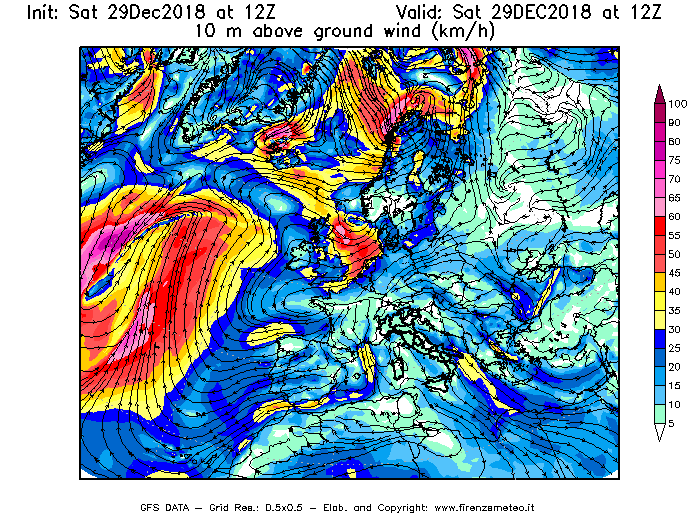 Mappa di analisi GFS - Velocità del vento a 10 metri dal suolo [km/h] in Europa
									del 29/12/2018 12 <!--googleoff: index-->UTC<!--googleon: index-->