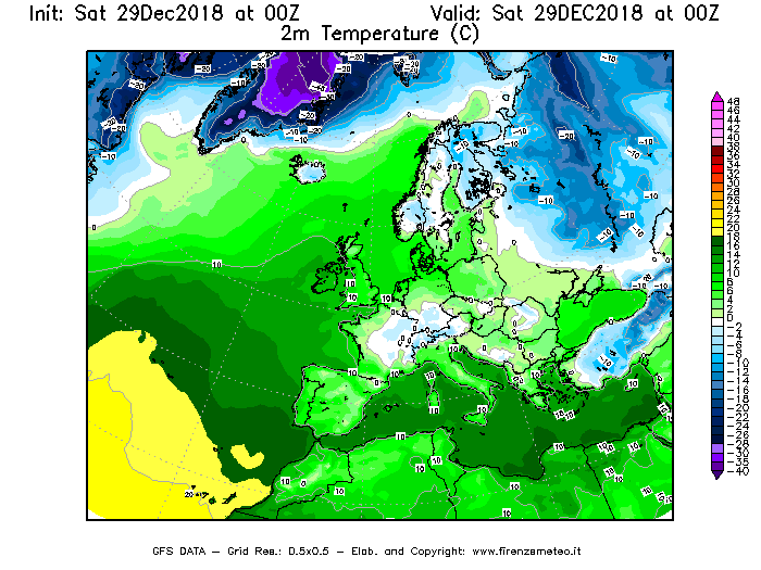 Mappa di analisi GFS - Temperatura a 2 metri dal suolo [°C] in Europa
									del 29/12/2018 00 <!--googleoff: index-->UTC<!--googleon: index-->