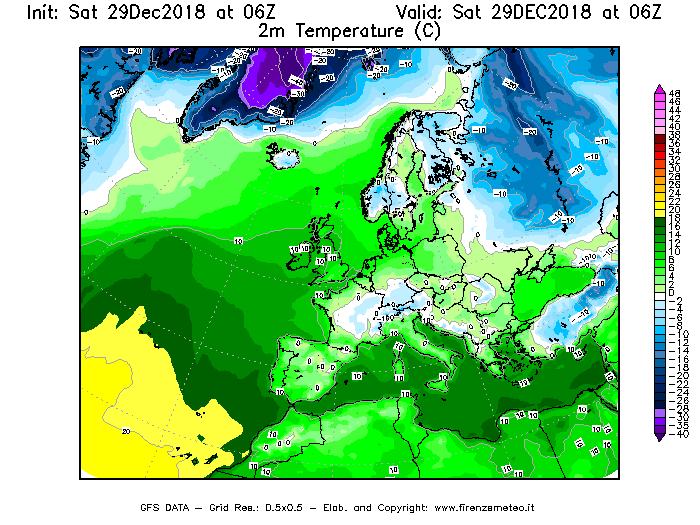 Mappa di analisi GFS - Temperatura a 2 metri dal suolo [°C] in Europa
									del 29/12/2018 06 <!--googleoff: index-->UTC<!--googleon: index-->