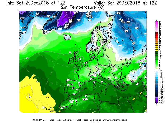 Mappa di analisi GFS - Temperatura a 2 metri dal suolo [°C] in Europa
									del 29/12/2018 12 <!--googleoff: index-->UTC<!--googleon: index-->