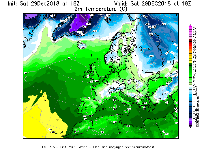 Mappa di analisi GFS - Temperatura a 2 metri dal suolo [°C] in Europa
									del 29/12/2018 18 <!--googleoff: index-->UTC<!--googleon: index-->