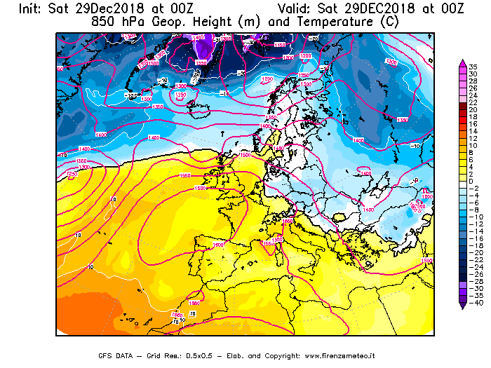 Mappa di analisi GFS - Geopotenziale [m] e Temperatura [°C] a 850 hPa in Europa
									del 29/12/2018 00 <!--googleoff: index-->UTC<!--googleon: index-->