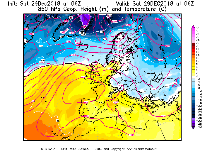 Mappa di analisi GFS - Geopotenziale [m] e Temperatura [°C] a 850 hPa in Europa
									del 29/12/2018 06 <!--googleoff: index-->UTC<!--googleon: index-->