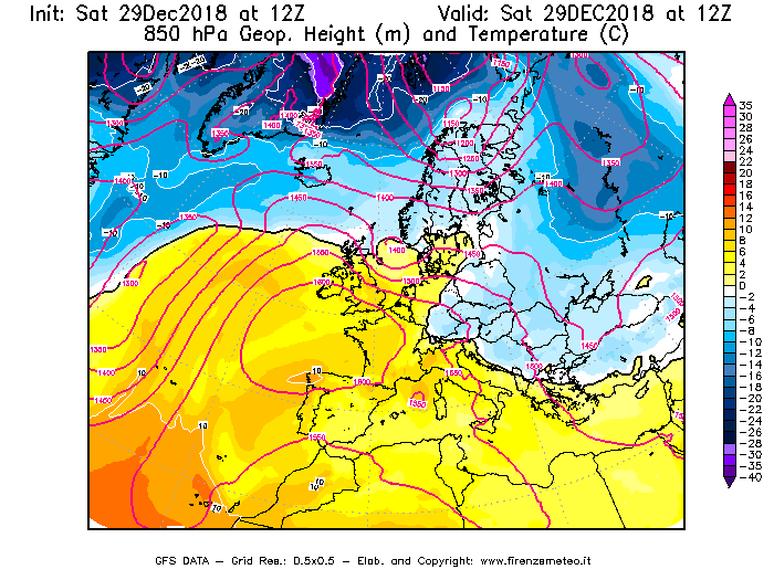 Mappa di analisi GFS - Geopotenziale [m] e Temperatura [°C] a 850 hPa in Europa
									del 29/12/2018 12 <!--googleoff: index-->UTC<!--googleon: index-->