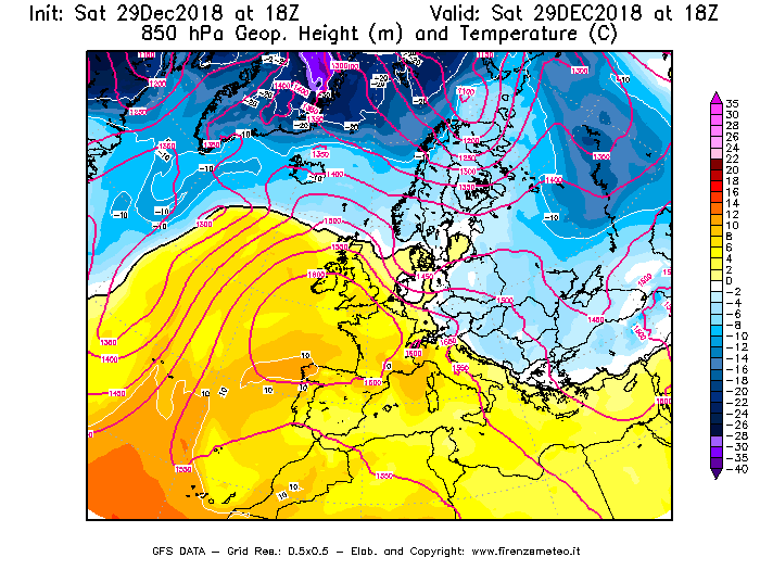Mappa di analisi GFS - Geopotenziale [m] e Temperatura [°C] a 850 hPa in Europa
									del 29/12/2018 18 <!--googleoff: index-->UTC<!--googleon: index-->