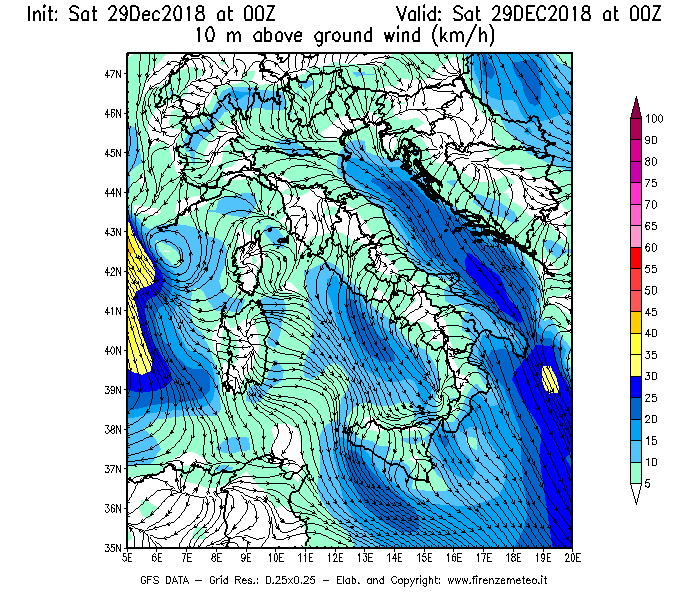 Mappa di analisi GFS - Velocità del vento a 10 metri dal suolo [km/h] in Italia
									del 29/12/2018 00 <!--googleoff: index-->UTC<!--googleon: index-->