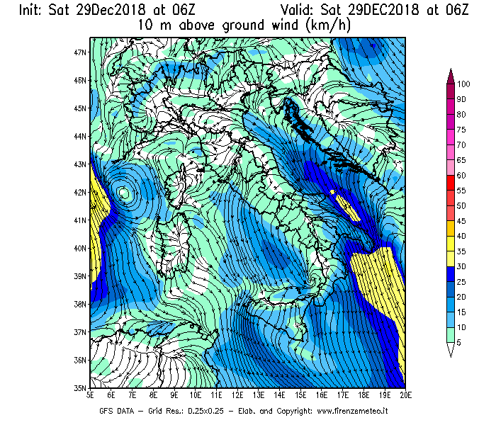 Mappa di analisi GFS - Velocità del vento a 10 metri dal suolo [km/h] in Italia
									del 29/12/2018 06 <!--googleoff: index-->UTC<!--googleon: index-->