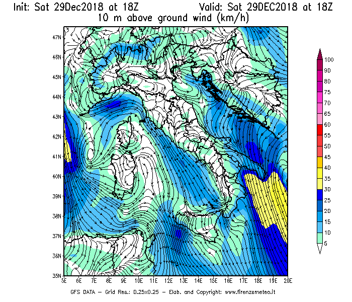 Mappa di analisi GFS - Velocità del vento a 10 metri dal suolo [km/h] in Italia
									del 29/12/2018 18 <!--googleoff: index-->UTC<!--googleon: index-->