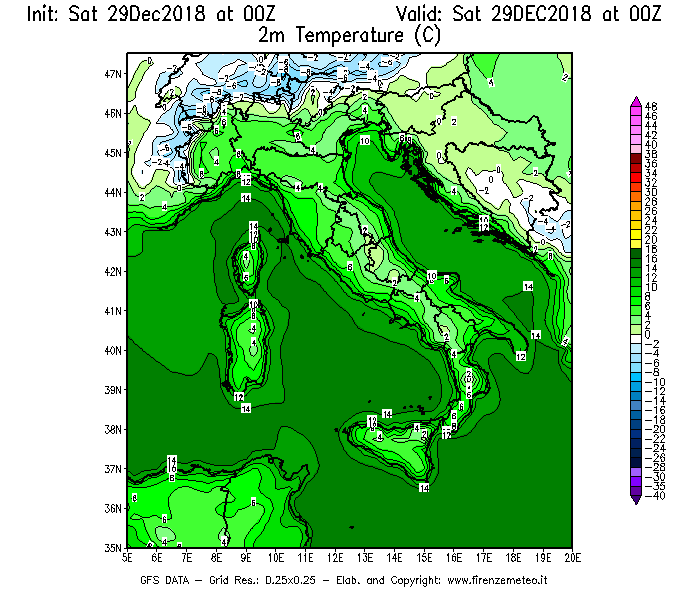 Mappa di analisi GFS - Temperatura a 2 metri dal suolo [°C] in Italia
									del 29/12/2018 00 <!--googleoff: index-->UTC<!--googleon: index-->