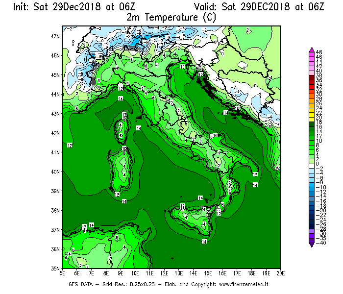 Mappa di analisi GFS - Temperatura a 2 metri dal suolo [°C] in Italia
									del 29/12/2018 06 <!--googleoff: index-->UTC<!--googleon: index-->