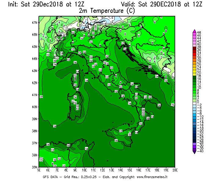 Mappa di analisi GFS - Temperatura a 2 metri dal suolo [°C] in Italia
									del 29/12/2018 12 <!--googleoff: index-->UTC<!--googleon: index-->
